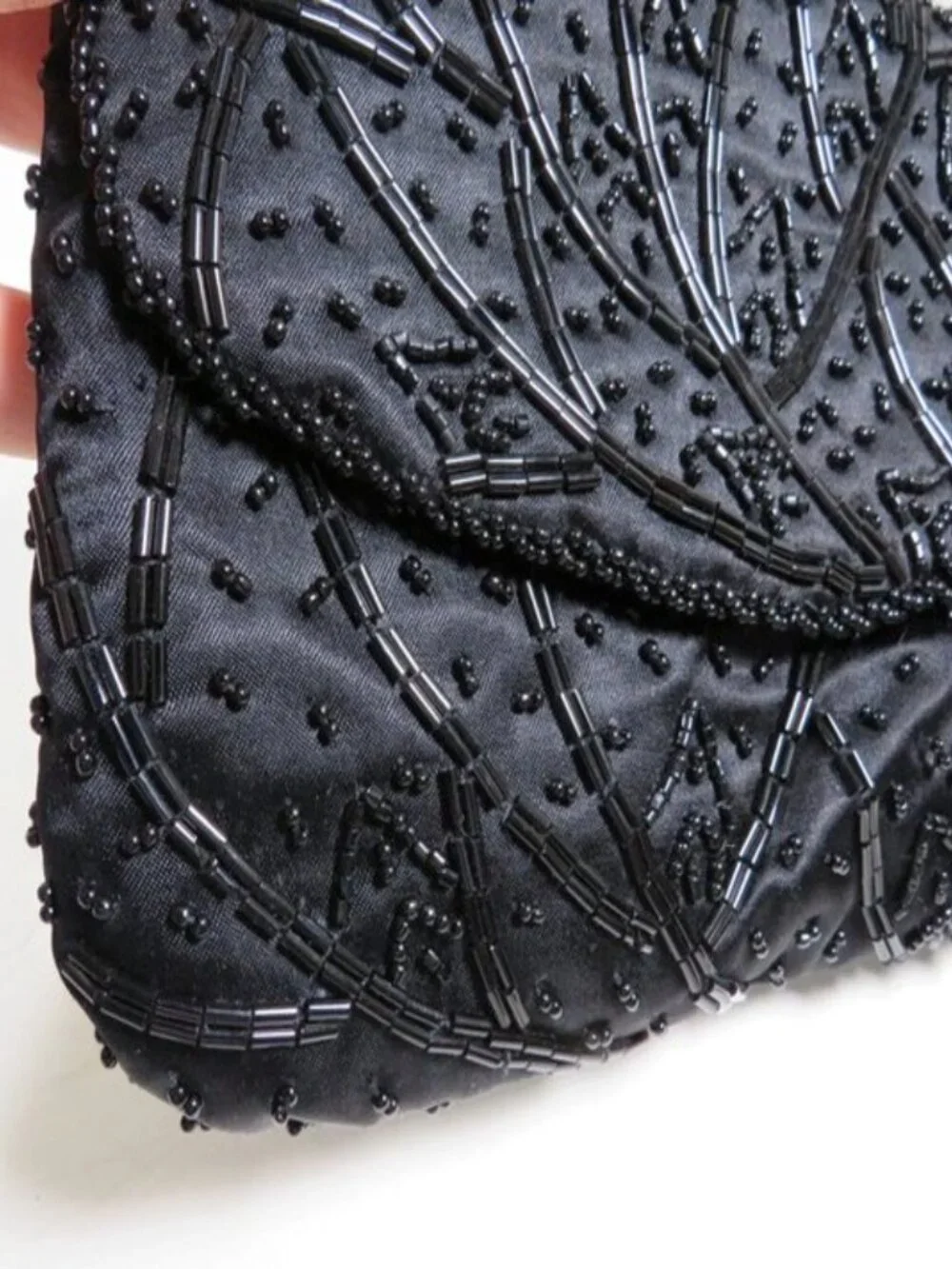 Vintage Black Beaded Clutch Purse with a Twisted Rope Strap for Formal Events